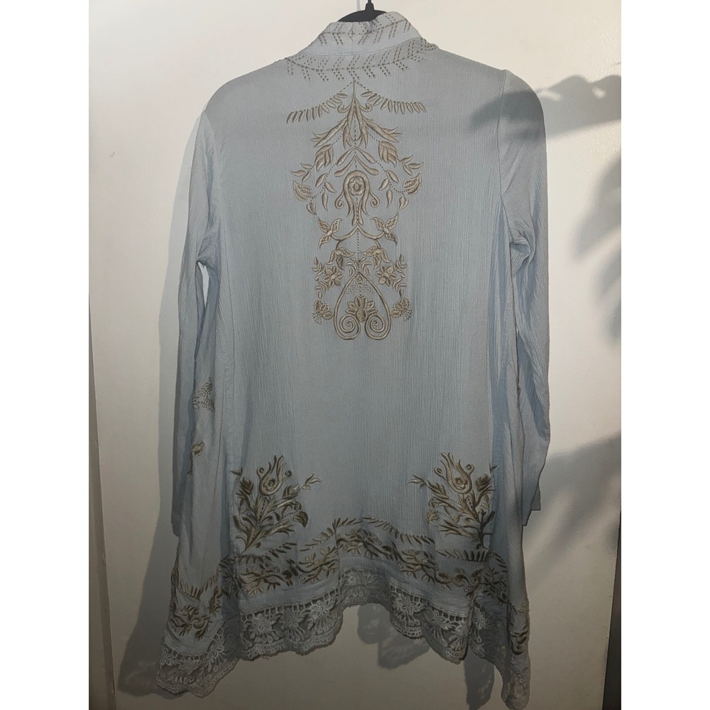 Sundance Embroidered Lace Trim Open Front Cardigan Blue Boho Medium - Picture 8 of 8